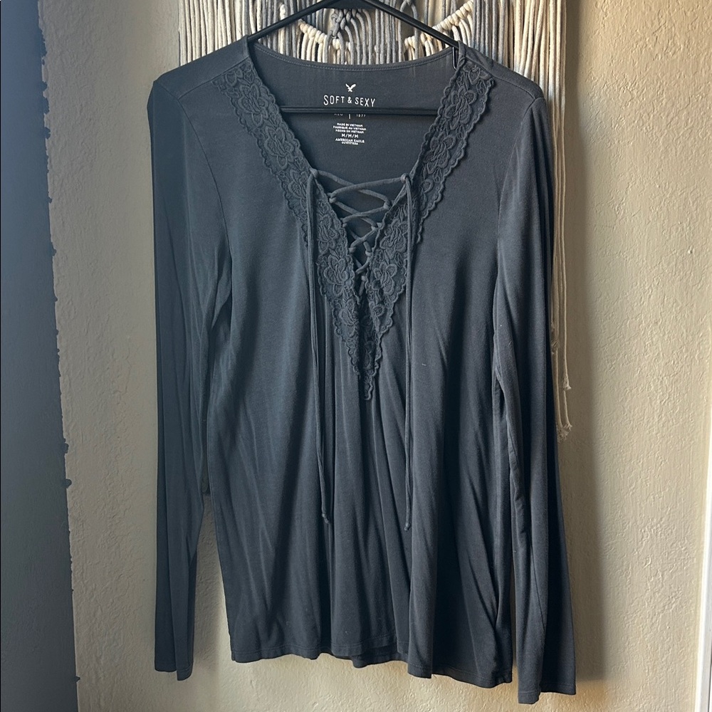 American Eagle Outfitters Black Lace-Up Long Sleeve Top